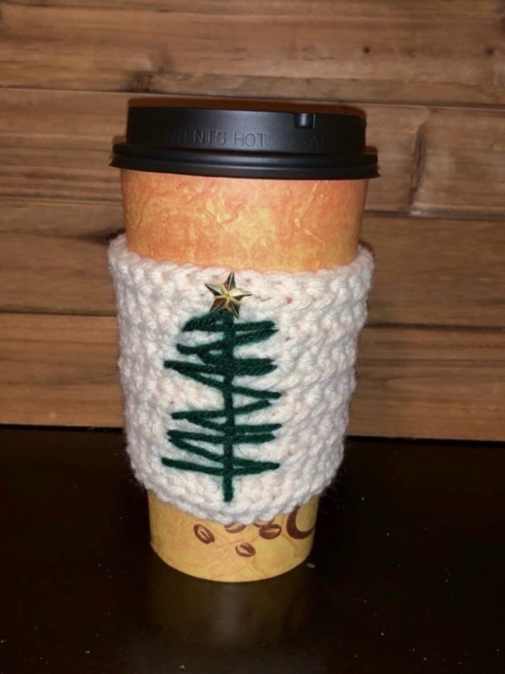 Handmade Cream Knit Coffee Cozy with Green Tree